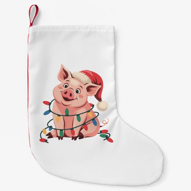 Julbelysning Gris som bär Xmas-hatt - Grisälskare Liten Julstrumpa (Framsidan)
