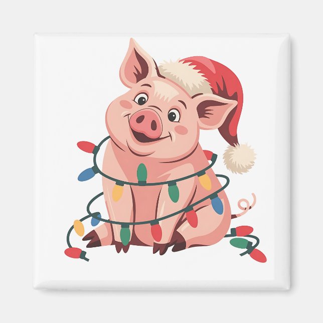 Julbelysning Gris som bär Xmas-hatt - Grisälskare Magnet (Framsidan)