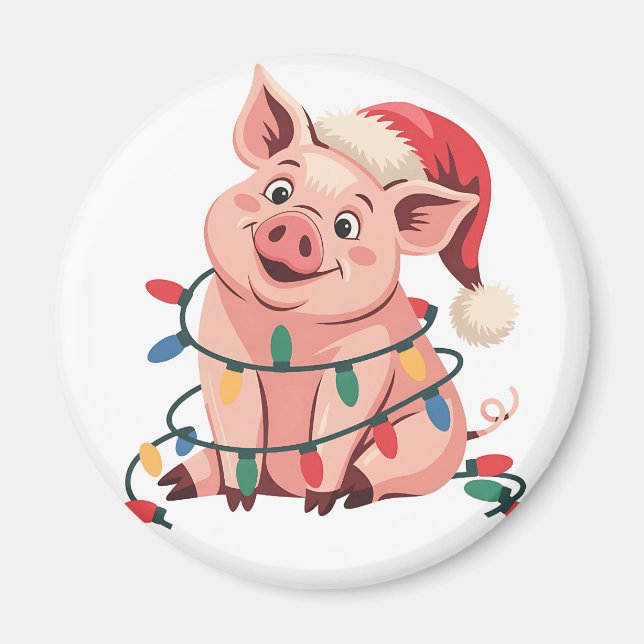 Julbelysning Gris som bär Xmas-hatt - Grisälskare Magnet (Framsidan)