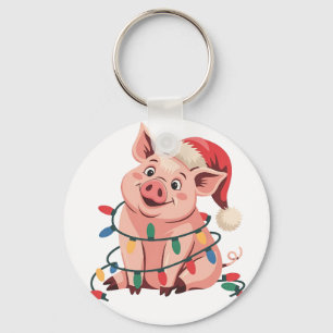 Julbelysning Gris som bär Xmas-hatt - Grisälskare Nyckelring