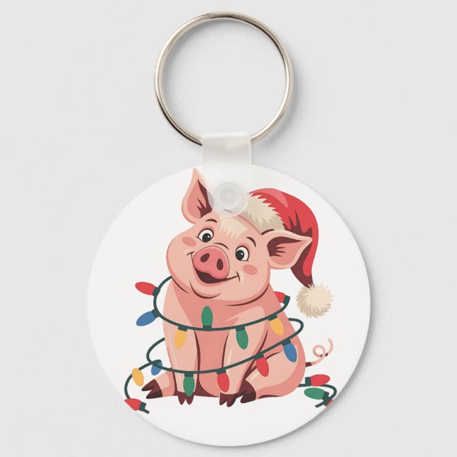 Julbelysning Gris som bär Xmas-hatt - Grisälskare Nyckelring (Framsida)