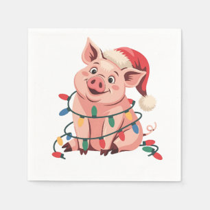 Julbelysning Gris som bär Xmas-hatt - Grisälskare Pappersservett