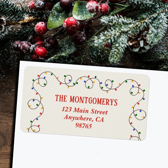 Julbelysning returadress adressetikett (Retro vintage Christmas light strand return address labels)