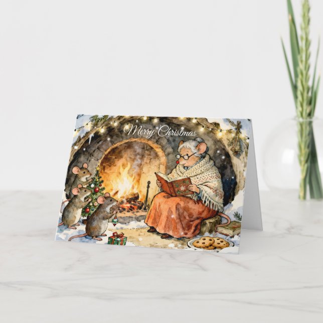 Julberättelse vid öppen spis julkort kort (Framsida)