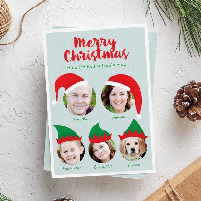 Julbesättningsfamiljen med fem foto-Helgdag Helgkort (folded funny Christmas holiday five photo card with Santa and elf hats on each family member)