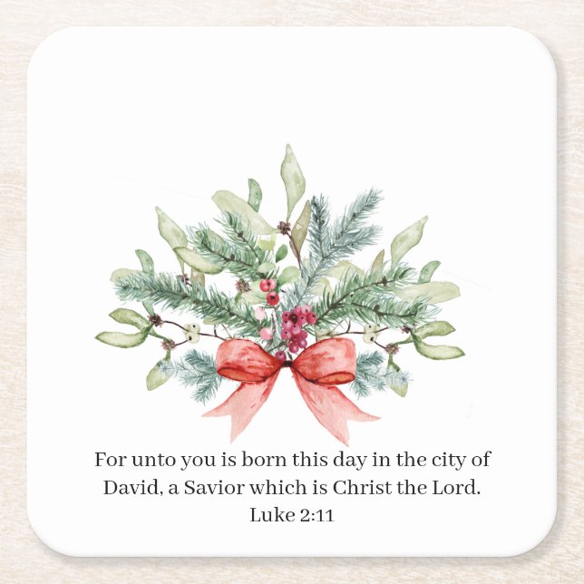 Julbibel Verse Watercolor Greenery Blommigt Underlägg Papper Kvadrat (Framsidan)