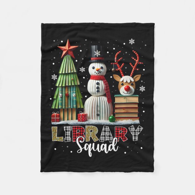 Julbiblioteket Bokar Julafton Träd Snögubbe Reinde Fleecefilt (Framsidan)