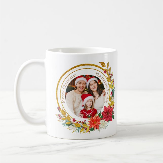 Julbild - Familj med gyllene glitterkrans Kaffemugg (Vänster)