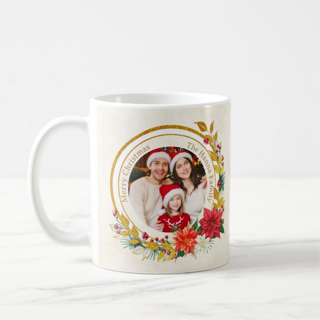 Julbild - Familj med gyllene glitterkrans Kaffemugg (Vänster)