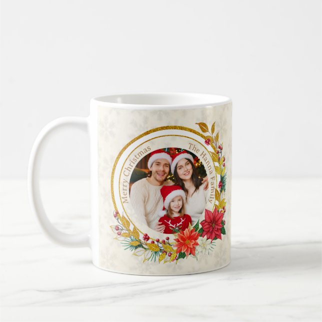 Julbild - Familj med gyllene glitterkrans Kaffemugg (Vänster)