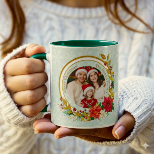 Julbild - Familj med gyllene glitterkrans Mugg