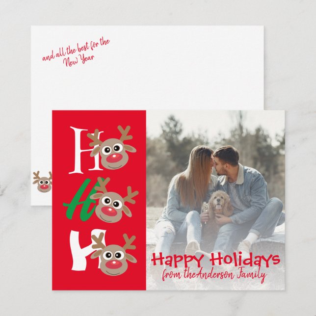 Julbild Ho Ho Ho Tecknad Ren Röd Julkort (Fram/baksida)