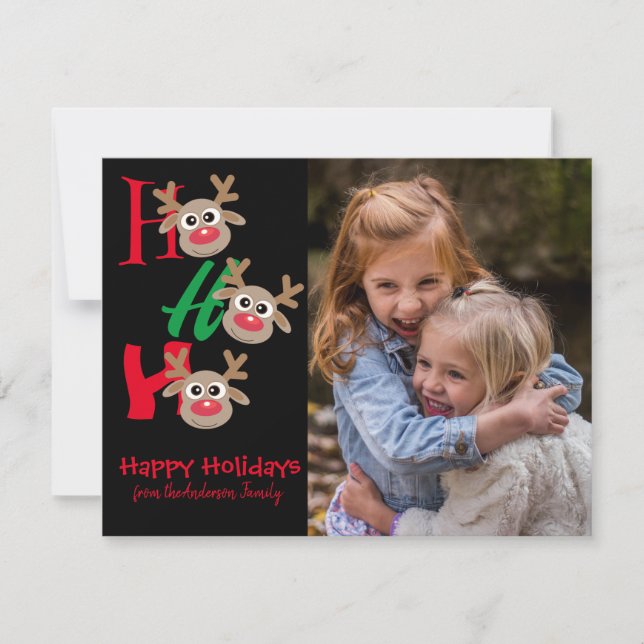 Julbild Ho Ho Ho Tecknad Ren Svart Julkort (Framsida)