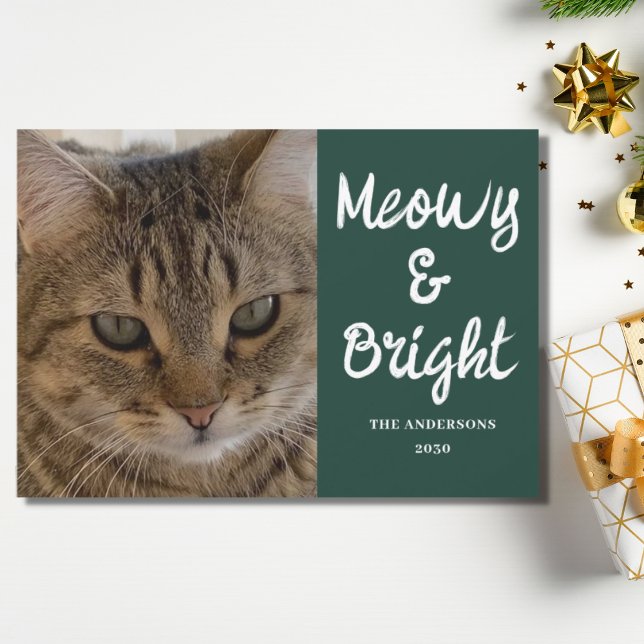 Julbild Katt Grön Meowy och Ljus Jul  Julkort (Skapare uppladdad)