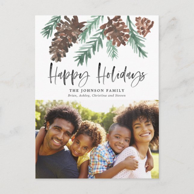 Julbild med vattenfärg och kottar vykort (Framsida)