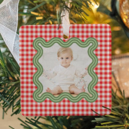 Julbild Vågig Grön Kant Rutig Jul Julgransprydnad Keramik