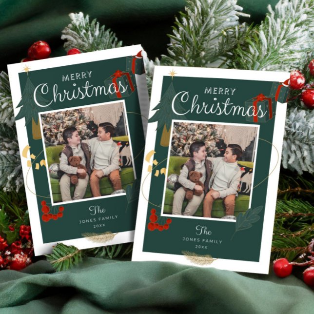 Julbilder Familj Magi Grön Röd Högtid Julkort (Photos Christmas Family Magic Green Red Holiday Modern holiday greeting card )