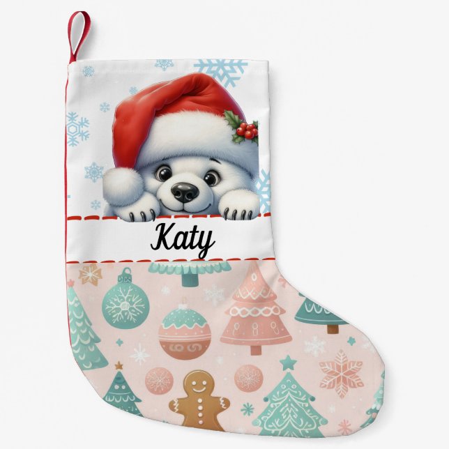 Julbjörn med pastellaccenter och snöflingor liten julstrumpa (Framsidan)