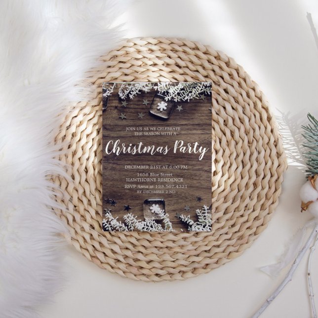 Julbjudan till Julpartiet Rustic Wood Snöflingor Inbjudningar (Skapare uppladdad)