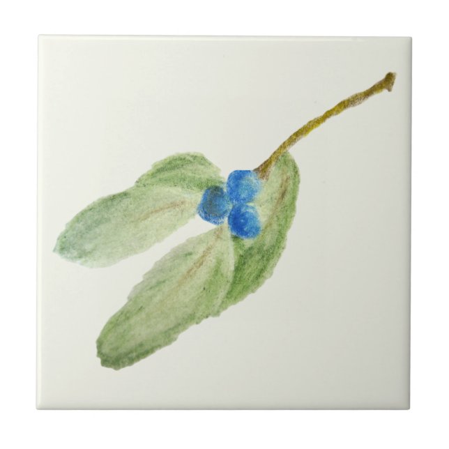 Julblå Berries Sprig Rustic Botanic Kakelplatta (Framsidan)
