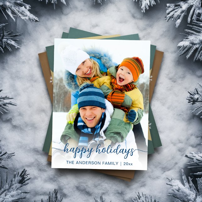 Julblå Skript Foto Glad  Julkort (Christmas Blue Script Photo Happy Holiday Card
)