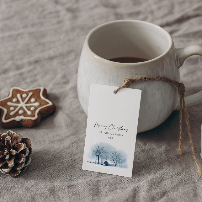 Julblå vinter-byn Rustic Ligge Presentetikett (Skapare uppladdad)