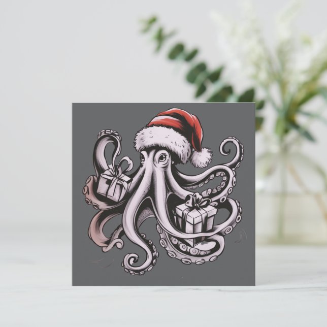 Julbläckfisk Högtid Santa Hatt Xmas  Julkort (Stående Fram)