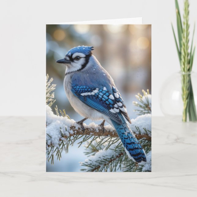 Julblåskrika på en snöig tall kort (Framsida)