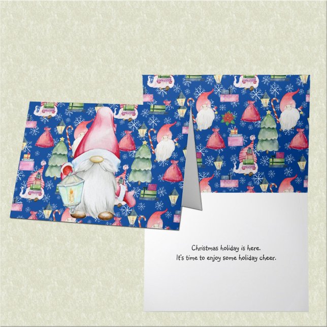 Julblått Mönster Santa Gnome för Helgkort (Christmas Blue Pattern Santa Gnome for the Holiday Card)