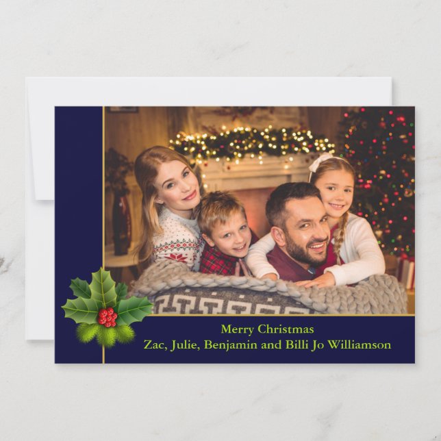 Julblått och Guld Ram med Holly Photo Julkort (Framsida)