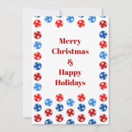 Julblått och rödprydnadsföremål med snöflingor julkort