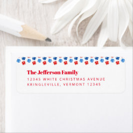 Julblått och rödprydnadsföremål med snöflingor returadress etikett