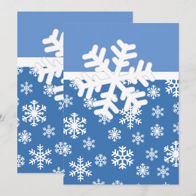 Julblått och vitt snöflingor inbjudningar (Fram/baksida)