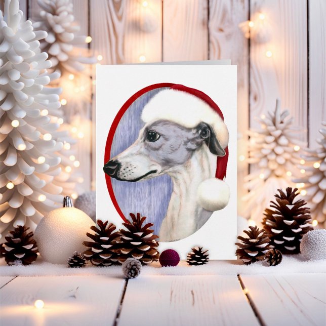 Julblått och vitt tomten helgkort (Blue and White Whippet Santa Hat Christmas)