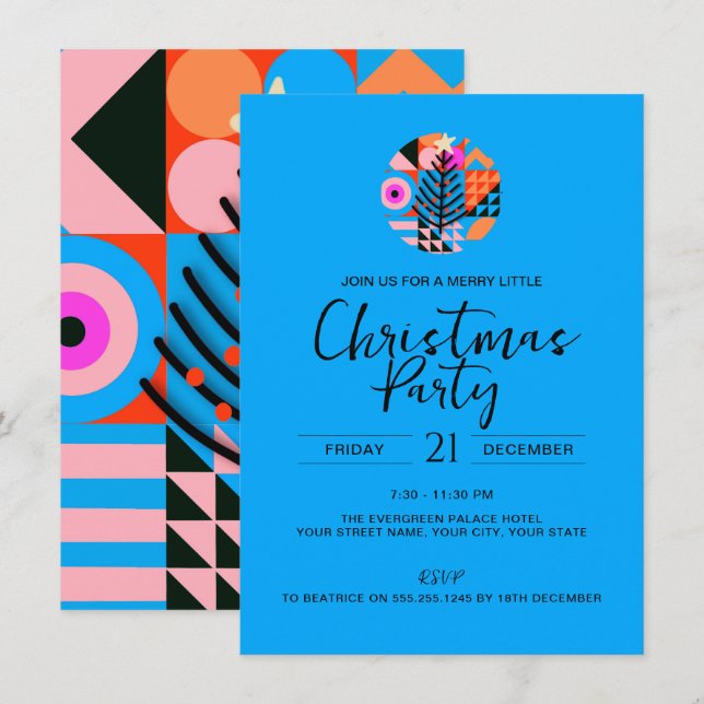 Julblått Party färgat Geometric Mönster Blue Inbjudningar (Fram/baksida)