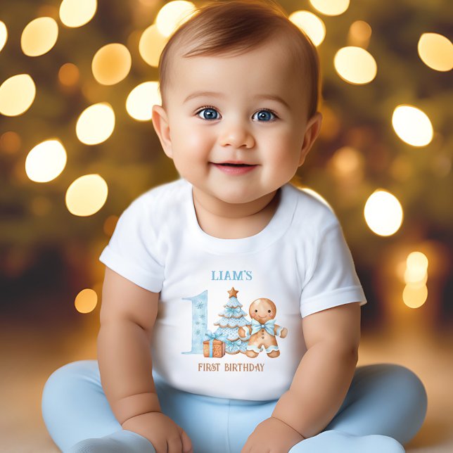 Julblått Pepparkaksgubbe Namn 1:a födelsedagen T Shirt (Christmas Blue Gingerbread Man Name 1st Birthday Baby T-Shirt)