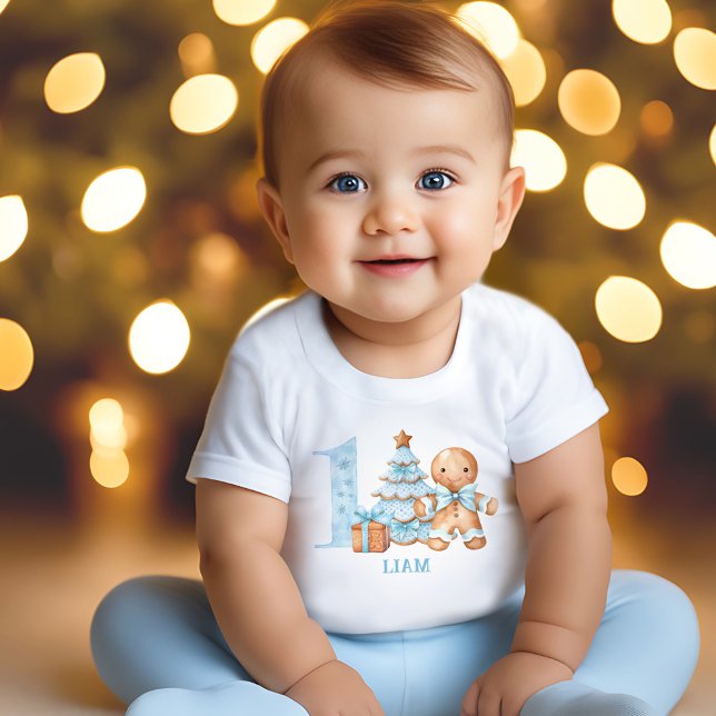 Julblått Pepparkaksgubbe Namn T Shirt (1st Birthday Christmas Blue Gingerbread Man Name Baby T-Shirt)