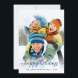 Julblått skript Photo Lycklig Julkort<br><div class="desc">Med det här festive helgdag-kortet får du ett favoritfoto med vit ombre-övertäckning och skripttexten "glad helg" med din familj namn och året under. Baksidan har blå pensel rand och guld konetti. Enkel att anpassa genom att klicka på "Anpassa". Perfekt för att skicka helgdag till vänner och familj.</div>