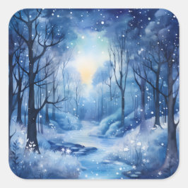 Julblått Träd-Skogen floden Snowy Scene Fyrkantigt Klistermärke