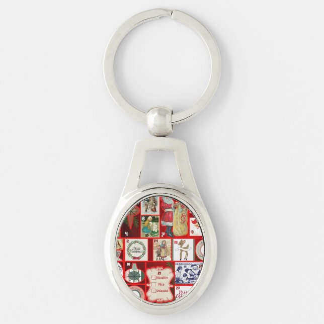 Julblock Advent Illustration Fyrkantig Konst Ovalt Silverfärgad Nyckelring (Framsidan)