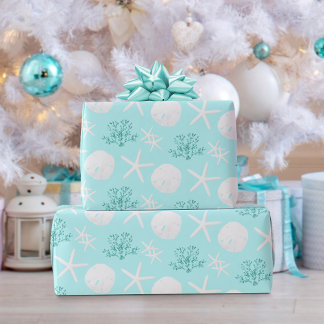 Julblocket Sand Dollar Starfish Aqua Blue Presentpapper