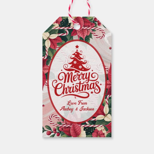 Julblomma och röda rödpipor presentkort presentetikett (Baksidan)