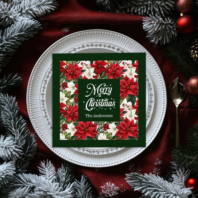 Julblommor Napkins Chic Red Grönt Accent Pappersservett (Christmas Flowers Napkins Chic Red Green Accent)