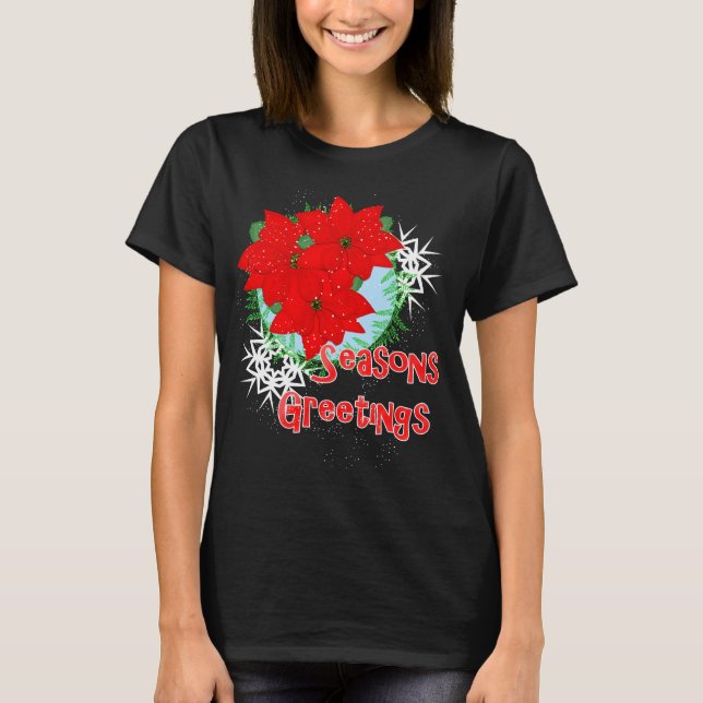 Julblommor Red Poinsettia-Säsonhälsningar T-shirt (Framsida)