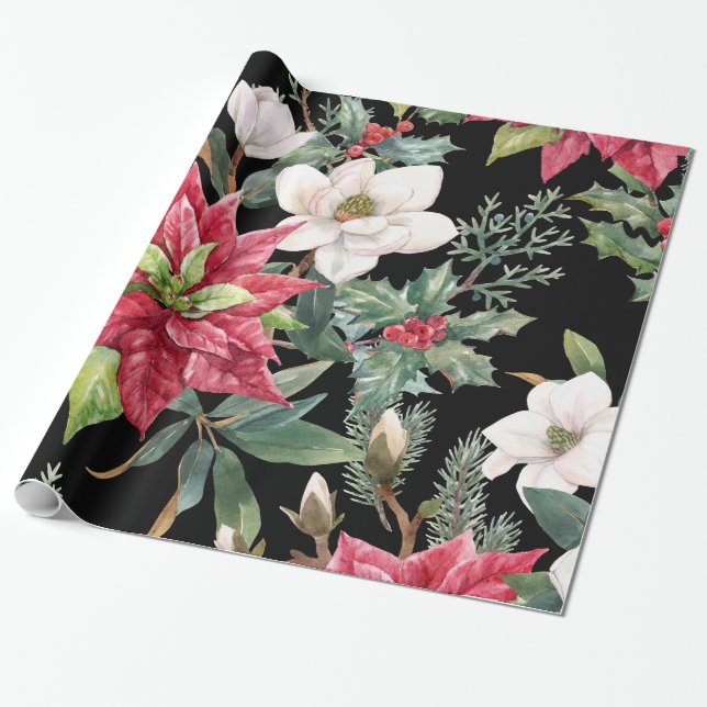 Julblommor Red White Poinsettias Black Presentpapper (Utrullad)