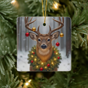 Julbock med lysande krans julgransprydnad keramik