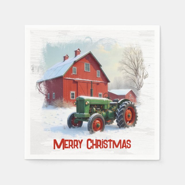 Julbondes traktor och röd ladugård pappersservett (Framsidan)