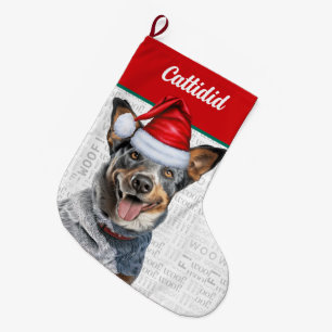 Julboskap Hund med Namn Woof Background Stor Julstrumpa