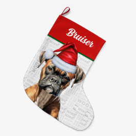 Julboxer Hund med Namn Woof Background Stor Julstrumpa