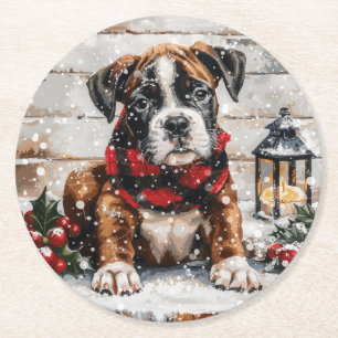 Julboxer Puppy Underlägg Papper Rund